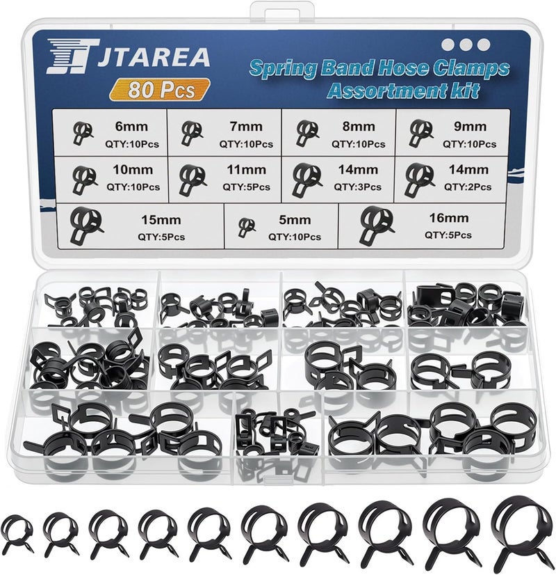 JTAREA Spring Band Hose Clamps Assortment Kit 10Sizes 80Pcs 5mm 6mm 7mm 8mm 9mm 10mm 11mm 14mm 15mm 16mm Hose Clamp Abrazaderas - Image 1